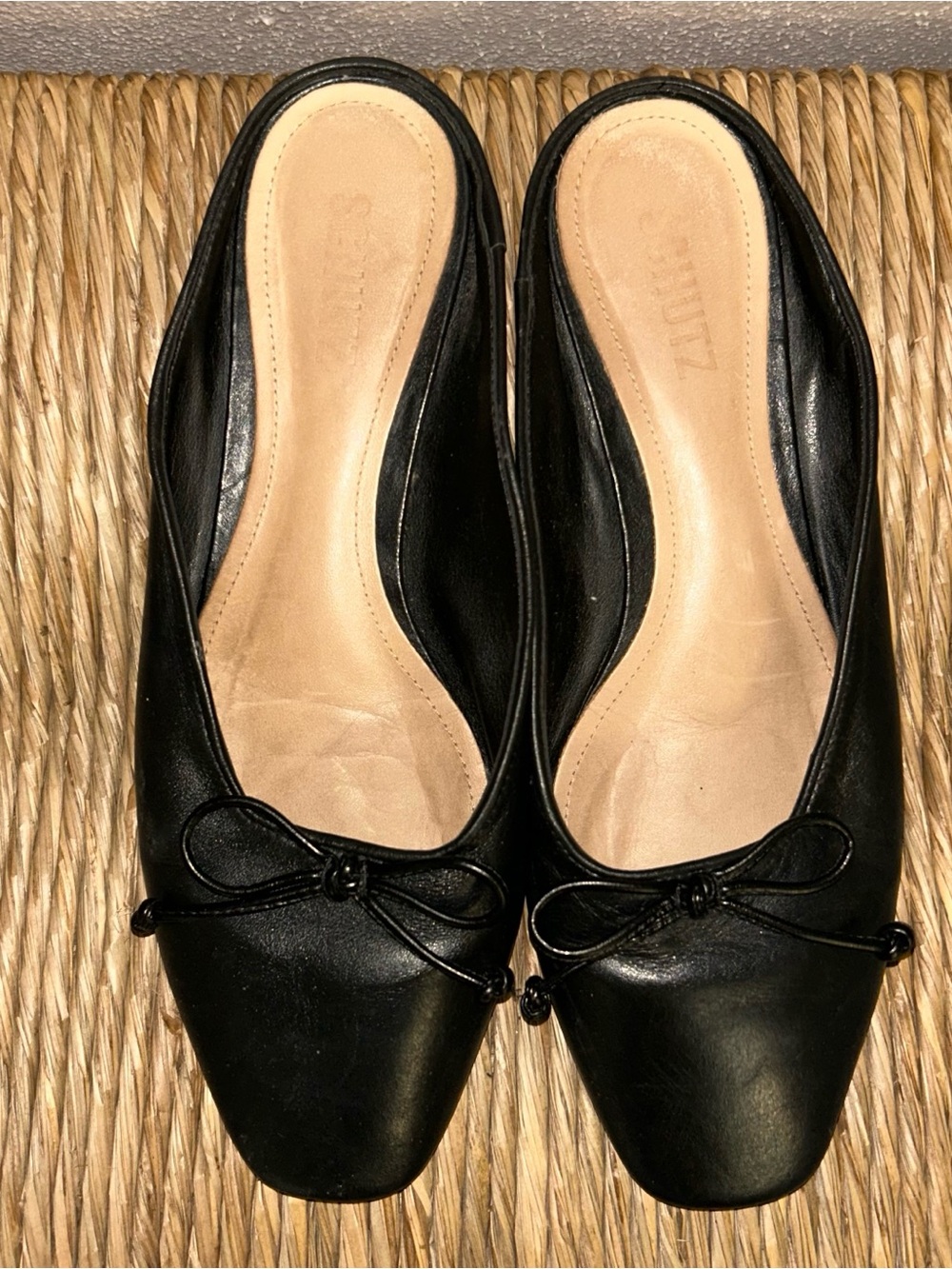 Schutz Lolita Mules Black Leather Bow Square Toe Ballet Flats Women’s 9B